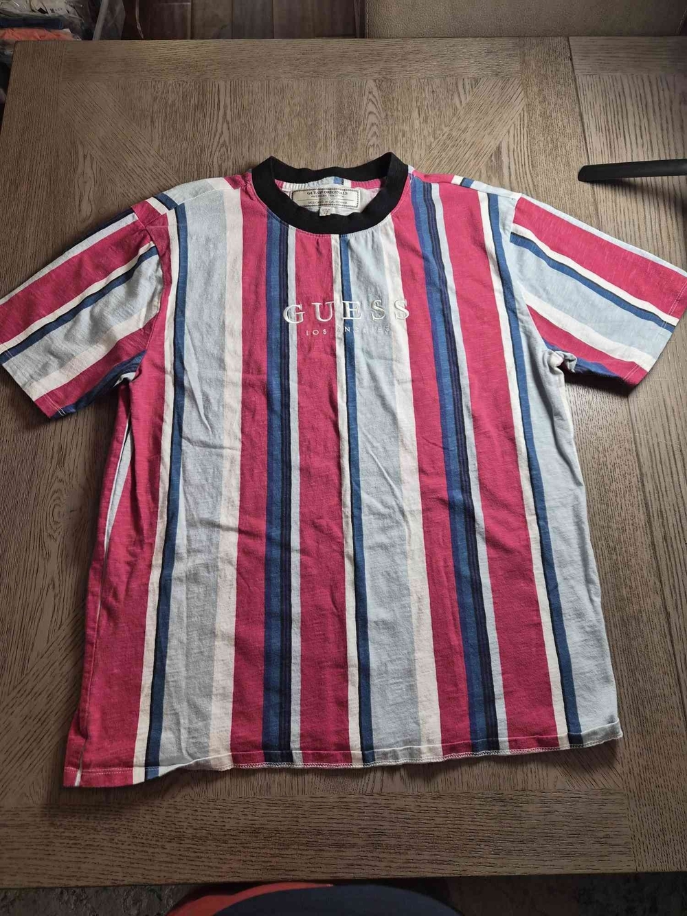 GUESS Men’s Red & Blue Striped Crewneck T-Shirt